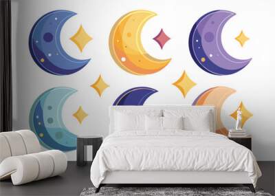 Set of six crescent moon illustrations with stars Wall mural