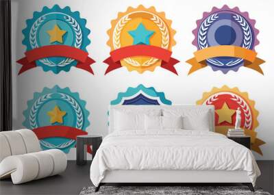 Six Colorful Award Badges with Stars and Ribbons Wall mural