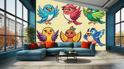 Six Colorful Cartoon Birds with Spread Wings Wall mural