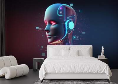 Artificial intelligence in humanoid head. Generative bot for creating ideas, editing, searching for questions. Internet technology. generative ai Wall mural