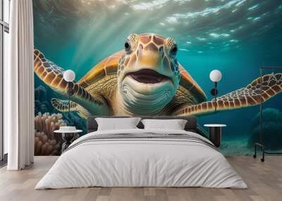 Portrait of a happy sea turtle swimming underwater. Generative AI Wall mural