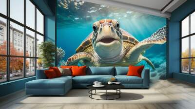 Portrait of a happy sea turtle swimming underwater. Generative AI Wall mural