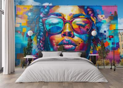 A colorful painting of a woman with glasses and a smile on her face Wall mural