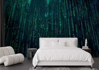 a digital rain of green binary code cascading down a dark black background, with a sense of movement and flow of information,  symbolic of the digital age. image for big data concept background Wall mural