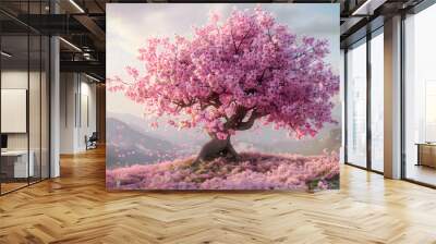 cherry blossom tree in bloom in spring, with pink flowers spreading along its branches Wall mural