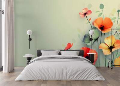 Gentle green background adorned with colorful abstract florals Wall mural