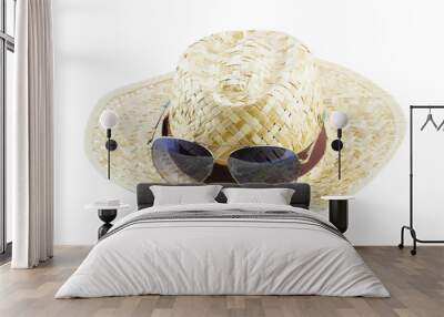 summer concept - straw hat and sunglasses isolate on white backg Wall mural