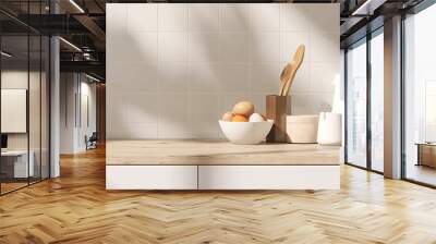 3D render close up blank empty space on beautiful wooden kitchen counter top with stylish kitchen ware, Fresh eggs, square white ceramic wall tiles. Morning  sunlight, Baking, Equipment, Background. Wall mural