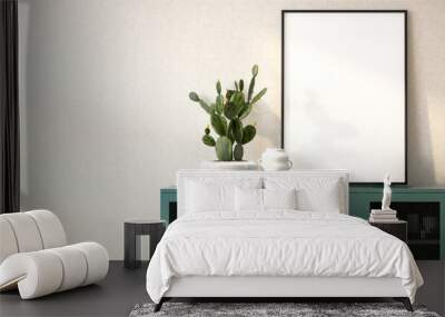 3D render mock up of a blank picture frame next to decor cactus pot on a green cabinet in the living room with morning sunlight from the window. WallPaper, Background, Backdrop, Houseplant, White, Art Wall mural