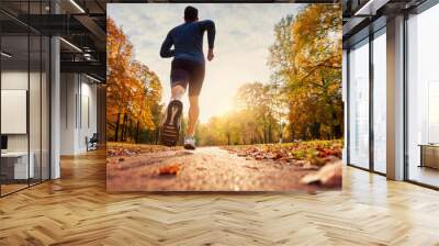 A runner man running alone toward the sun in the park with tree on both side of the road. Wall mural