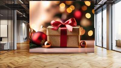 Close up of gold wrapping paper Christmas gifts, red ribbon on wooden table at home with warm bokeh light for luxury present background concept Wall mural