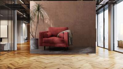 Luxury design of velvet red armchair sofa with blanket, dracaena plants, in sunlight from window with blowing white sheer curtain on tuscan brown venetian plaster wall and dark cement floor Wall mural