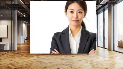 Portrait of beautiful, friendly and confident Asian executive businesswoman wearing black blazer suit, arm crossed and looking at camera on white background Wall mural