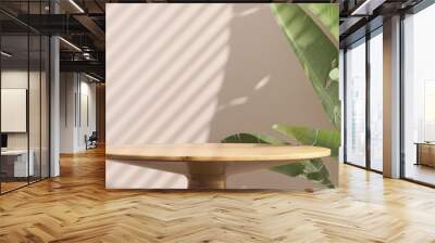 Realistic 3D render background for products overlay. Close up of round empty oak wood table with sunlight with tropical leaves plants. Organic Beauty, Natural concept. Mock up, Podium, Spa, Sunscreen. Wall mural