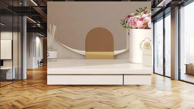 Realistic 3D render for beauty products display backdrop, blank empty space on ivory beige elegance dressing table with round mirror, beautiful pink roses in luxury bucket bouquet, Kbeauty, Make up. Wall mural