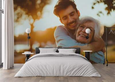 A man embraces a old mother woman warmly in a park setting, expressing love and affection during sunset. Wall mural