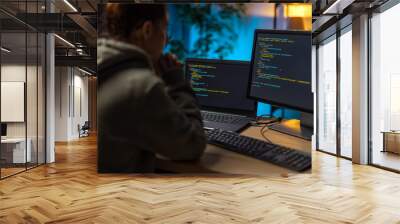 Back view of female IT-specialists working on two modern computers during evening time at home. Caucasian woman sitting at desk with data code on monitors. Wall mural