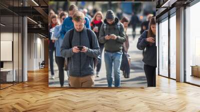 People walking on a city street, all looking at their smartphones. The image captures the modern phenomenon of constant phone use in public spaces. Wall mural