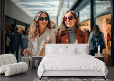 Two elegant women, dressed in trench coats and glasses, enjoy relaxed walk while holding shopping bags, essence of consumer culture, sales Wall mural