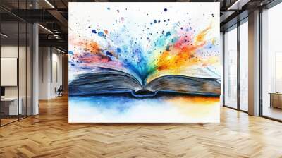 Colorful paint burst from an open book, white background Wall mural