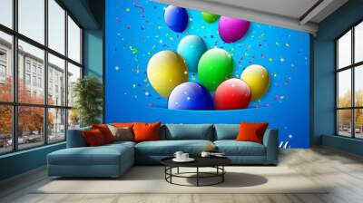 colorful balloons flying out of pocket on blue background Wall mural