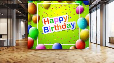 greeting card with frame and lot of colorful balloons on green background. happy birthday Wall mural