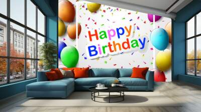 greeting card with frame and lot of colorful balloons on white background. happy birthday Wall mural