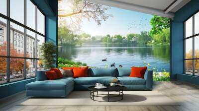 A peaceful spring lake scene with ducks swimming near the shore, surrounded by blooming trees and lush green grass under a warm sun. 8k UHD, suitable for high-quality printing or digital display.  Wall mural