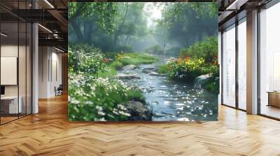 A spring scene with a gentle stream running through a forest, surrounded by fresh green leaves and blooming flowers, under a clear sky. 8k UHD, suitable for high-quality printing or digital  Wall mural