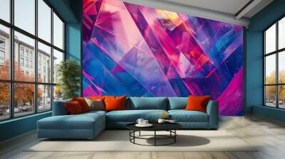 A vibrant vaporwave cubism design featuring geometric shapes in neon pinks, purples, and blues with glittery accents, creating a futuristic and abstract visual. 8k UHD, suitable for high-quality  Wall mural