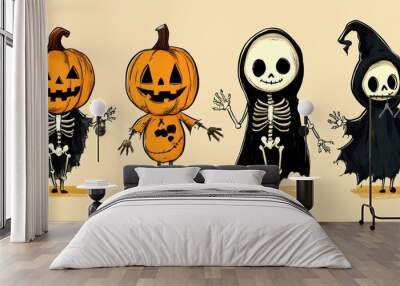 A collection of vintage style halloween characters including a ghost, pumpkin and witch. Vector illustration Wall mural