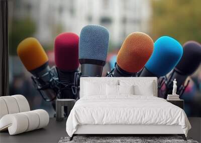 A podium set for a press briefing garnished with an assortment of broadcast microphones. Wall mural