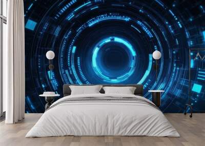 Creative bright blue tech wallpaper with linear circle. Innovation and technology concept. 3D Rendering. Wall mural