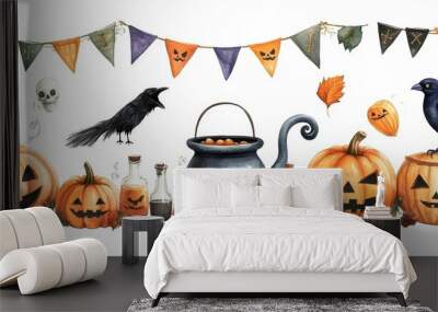 Halloween symbol single element set. Hand drawn autumn festive halloween collection. Watercolor toad, garland illustration. Scary Jack head pumpkin, black cat, bat, ghost, broom white background Wall mural