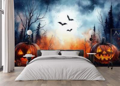 watercolor halloween background with spooky pumpkins Wall mural