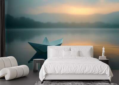 a white paper boat in the lake, peaceful and calm, mental strength Wall mural