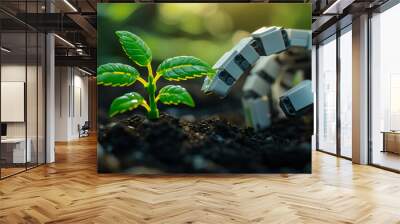 white Robot hand nurturing a growing plastic glowing green leaves block planted in real soil, (2) Wall mural