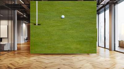 Close Up of Golf Ball on Green Grass Near Pin and Hole Wall mural