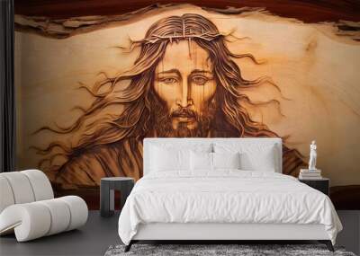 Portrait of Jesus Christ wearing crown of thorns with blood on his face in sepia color Wall mural