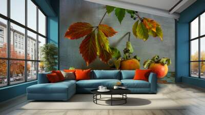 A branch of wild grapes with leaves painted in autumn colors and ripe and tasty apples. Wall mural