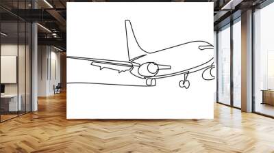 Airplane continuous line sketch. Continuous one line drawing of airplane jet transportation theme. Concept of travel vacation design vector illustration minimalism style.  passenger airplane. Wall mural