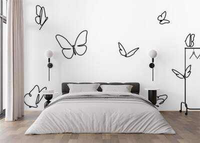 Butterfly continuous line drawing elements set isolated on white background for logo or decorative element. Vector illustration of various insect forms in trendy outline style. Wall mural