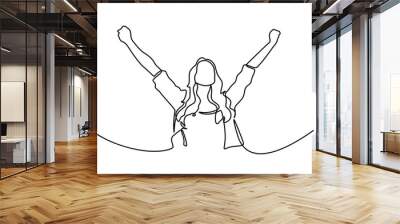 Continuous line drawing of cheering woman. Continuous one line drawing of woman rising hands up feeling happy and freedom. Cute girl feel free and young minimalism design isolated on white background. Wall mural