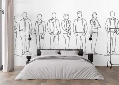 Continuous line drawing of diverse group of standing people. continuous line drawing of group of various positive diverse people standing in a row Wall mural