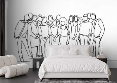 Group of people continuous one line vector drawing. Family, friends hand drawn characters. Crowd standing at concert, meeting. Women and men waiting in queue. Minimalistic contour illustration Wall mural