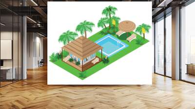 Isometric bungalow with a terrace, a swimming pool, sun loungers, beach umbrellas in a tropical forest with evergreen palm trees and flowers. Illustration on a white background. Wall mural