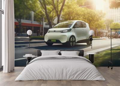 a small stylish modern electric car rushes through the beautifully landscaped streets of a modern city Wall mural