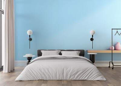 soft blue wall with white floor and two small pink pots on a wooden bench, created by AI Wall mural