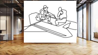 Man in Boat One Line Drawing. Fishing Boat Minimal Hand Drawing. Minimalist Sketch Contour Art. One continuous drawn single art line doodle drawing of a two man in a rubber boat. Rescuers in a boat Wall mural