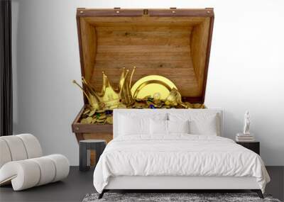 Open a wooden trunk with treasures on a white background. 3D illustration Wall mural